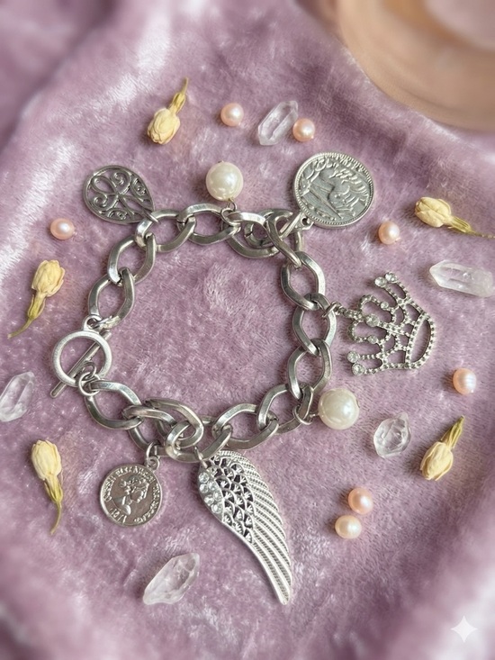 Jewelry - Silver Charm Bracelet with Pearl Accents - Wing & Crown Charms